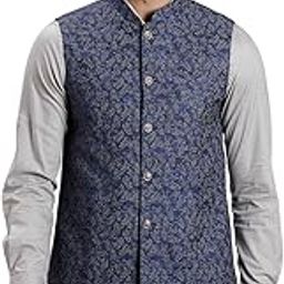 Men Poly Cotton PRINTS Slim Fit Blue Nehru Jacket-image-2