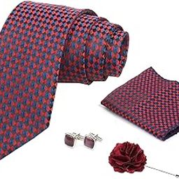 Mens Plaid Micro Self Silk Necktie Gift Set With Pocket Square Cufflinks & Brooch Pin Formal Tie With Box (SLKP_20, Wine)-image-9