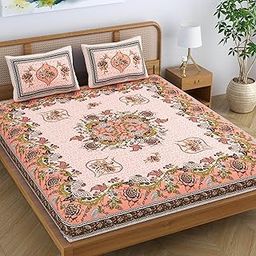SheetKart Pure Cotton Jaipuri Floral Traditional Rajasthani Printed King Size Double Bedsheet with 2 Pillow Covers - Peach Pink-image-80