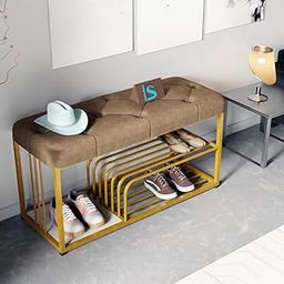 Dence Store End of Bed Bench-Upholstered Entry Shoe Storage with Nailhead Trim,Black Mental Frame Ottoman Bench for Bedroom Entry Window Mudroom Living Room (Brown Gold)-image-16