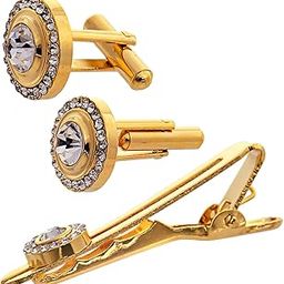 Unique Men Jewelry White Stone Gold Plated Sleeve Button Formal Cuff Button Wedding Shirt Button, Suit, Blazer Cufflinks with Matching Tie Pin Gift Set For Men (383-M4C5-248TM40DT-W)-image-26