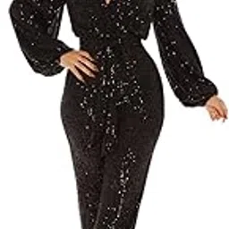 quecy Women's Polyester Regular Fit Casual Solid Deep V Neck Sequins V Neck Jumpsuit (Black,M)-picture-9