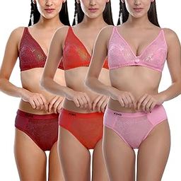 Cotton Bra Panty Set for Women, Non-Padded, Non-Wired, Seamed, Floral Print, Full Coverage, Lingerie Set, Multi-Color, Cup-B-picture-5
