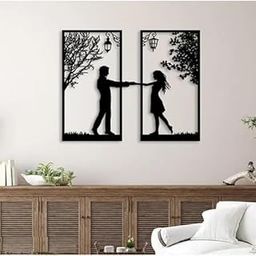 KC Romantic Silhouette Wall Art, 2-Panel Black Metal Decor Set with Street Lamp and Tree Design-11