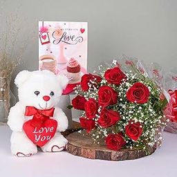 Decorative Bunch Of Fresh Live 10 Red Roses Flowers Bouquet In With Cute Teddy Bear & Love Greeting Card Valentine's Day Gifts For Girlfriend, Boyfriend, Husband & Wife (Same Day Delivery)-image-21