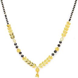 Short Mangalsutra Leaf Designs One Gram Gold Plated Necklace Pendant Tanmaniya Nallapusalu Black Beads Chain For Woman (18 Inches)-image-97