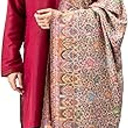 Men Pashmina Blend Kani Shawl with Floral Motifs, Warm and Soft, 40x80 inch-image-1