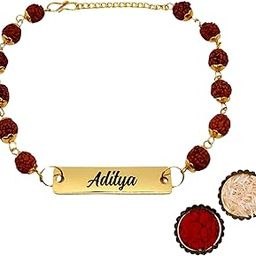 Unisex-Adult Personalized Rudraksha Rakhi With Name, Radha Bracelet For Brother, Customized Id Bracelet With Rudraksha Beads, Gold-55