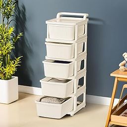 Kuber Industries 5 Layer Heavy Duty Plastic Storage Drawer with Wheels | Modular Cabinet for Bedroom, Office, Home | Chest of Drawers Organiser for Cosmetics, Kitchen items, Toys Storage | Ivory-image-11