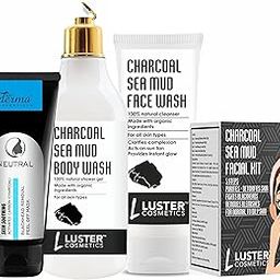Luster Cosmetics Charcoal Combo Pack | Charcoal Sea Mud Facial Kit (45g) | Charcoal Sea Mud Face Wash (100ml) | Charcoal Peel off Mask (100ml) | Charcoal Sea Mud Body Wash shower Gel (300ml).-18