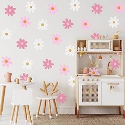 IMAGIVISE 36 PCS Daisy Wall Decal Flower Vinyl Wall Decals Daisy Decals Floral Decals Peel and Stick Daisy Stickers for Kids Nursery Wall Art Bedroom Living Room (Pink, White)-picture-0