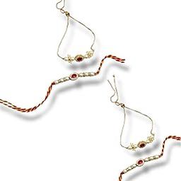 Pearl and Ruby Rakhi Set for Bhaiya Bhabhi, Gold-Plated Chain Bracelet with Red Thread, Traditional Indian Festival-image-2