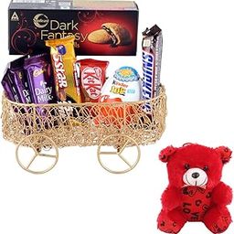 SFU E Com Chocolate Gift With Metal Cart Hamper | Valentine Teddy Bear With Chocolate Combo | Valentine Chocolate Hamper | 663-80