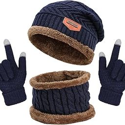 Winter Hat Scarf Gloves Set, Fleece Lined Warm Slouchy Beanie Knit Skull Cap Touchscreen Mittens Circle Scarves for Men Women Blue-image-97