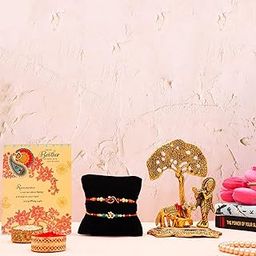 ARCHIES Rakhi For Brother Special Rakshabandhan Set of 2 Auspicious Om Bhaiya/Bro/Bhai Rakhis with Lord Krishna with Kamdhenu Cow Calf Figurine With Roli-Chawal 10gm Pack,Greeting Card(Gift pack of 6)-image-43