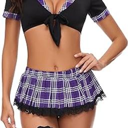 Women Tie-Front Crop Top And Lace Trim Plaid Skirt Set With Stockings XS-2XL-image-59