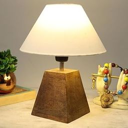 Global time Pyramid-Shaped Wooden Table Lamp with Jute Shade, E-27 Holder, Brown Base-0