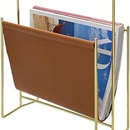 INDIAN DECOR 28514 Modern Caramel Leatherette Magazine Holder Floor Standing Sling Style Rack with Metal Frame - Golden-16