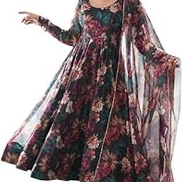 Floral Print Georgette Gown with Dupatta Set Anarkali Round Neck Long Ssleeve Gown with Dupatta Set for Women-39