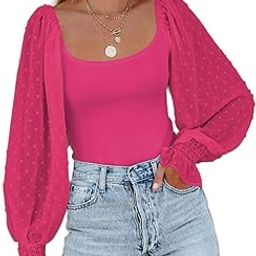 Women's Square Neck Puff Long Sleeve Bodysuit Off Shoulder Leotard Sheer Polka Dot Sleeve Top-image-49