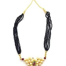 Women's Jewellery Gold Plated Mangalsutra Necklace 14-inch Length Chain Golden Nath Pendant Enamal Work Pearls Traditional Black Beads 6 Line Multilayer Short Mangalsutra for Girls-image-46
