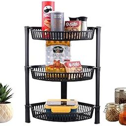 Kuber Industries 3 Tier Folding Plastic Fruit & Vegetable Basket Stand | Onion Potato Rack for Kitchen Storage Corner | Modern Organizer Aalu Pyaj Storage Basket Shelf Stand | Black-18