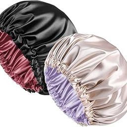 2-Pack Satin Bonnet Sleep Reusable Cap -Long Hair Women, Double Layers Premium Sumptuous Silky Satin Hair Bonnet Cap, (Purple/Golden/Black/Red)-image-63
