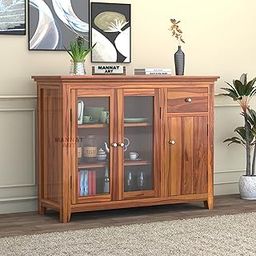 MANNAT ARTS Solid Sheesham Wood Kitchen Crockery Cabinet with 4 Shelves 1 Drawer Storage - Wooden Sideboard Cabinet for Living Room Chest of Drawers, Glass Cabinet Display Unit (Honey)-image-11