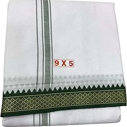 Unstitched Pure Cotton Dhoti for Men - 9/5, Color : White, Fancy Border Dhoti & Gamcha Set-16