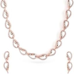 Rose Gold Plated Cubic Zirconia Studded Leaf Motif Design Necklace with Earrings Jewellery Set for Women & Girls, Perfect for any Occasion-13
