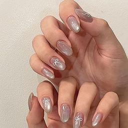 Kriga 24 Reusable Artificial Fake Nail Set| Silver With White Bow Design Glossy Nails| Lightweight & Long Lasting| Quick Fix For Festivals & Special Occasions-9
