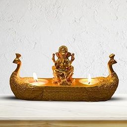 ANITRAD COLLECTIONS Ganesha Tea Light Candle Holder with Peacock Design | Resin Idol for Diwali, Pooja & Home Decor | Includes 2 Tealight Candles | Festive & Spiritual Gift Item | 15 cm-image-68