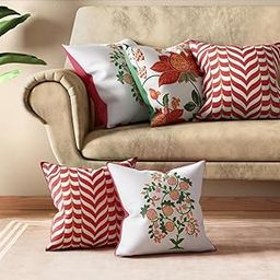 India Circus by Krsnaa Mehta Aesthetic Anaar 16" x 16" Polyester Crepe Multicolor Printed Decorative Pillow Cover for Couch Sofa, Bed Cushion Cover Set of 5 (16 x 16 Inches)-image-68