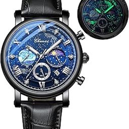 Men's Classic Multifunctional Military Sports Analog Watch Business Dress Waterproof Luminous Chronograph Starry Sky Moon Phase Leather Wristwatch-image-18