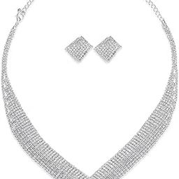 Latest Stylish Luxury Crystal Diamond Studded Silver Plated Party Necklace Jewellery Set for Women-image-1