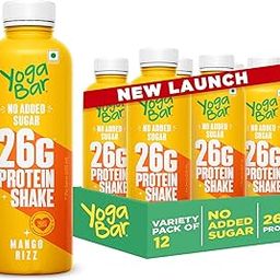 Yogabar 26g Protein Shake | Goodness of Protein & Premium Mango | 26g Protein Milkshake with No Added Sugar | Ideal for Early Mornings, Pre & Post Workouts Energy Drink | 12 Bottles, 250ml each (Mango Rizz)-12