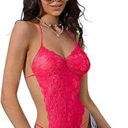 Women Onepice Sexy See Through Flroal Lace Back Open Design Coseplay Role Play Beach Wear Exotic Soft Stechable Fabric Halter Neck Honeymoon Bodysuit-42