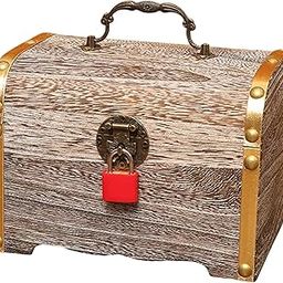 Treasure Chest with Lock and Key Wooden Piggy Holder Coin Boxes Money Case M-image-23
