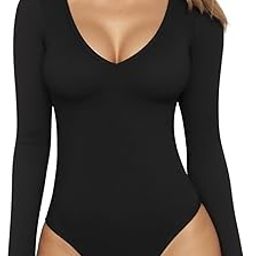 Deep V Neck Long Sleeve Bodysuits for Women Sexy Going Out Tops Body Suits, Long Sleeve Black, XX-Large-5