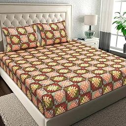 BSB HOME Pure Microfiber Jaipuri Rjasathani Print Bedsheet for Double with 2 Pillow Covers 144tc Breathable Wrinklfree Color - Beige & Green-21