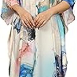 Long Kaftan in Soft Silk with Exclusive Multicolor Floral Digital Print and 3/4th Sleeves Perfect for Resort Wear and Beach Days-image-5