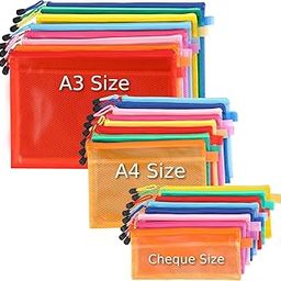 NSSP Zipper Pouch Waterproof Plastic Pouches for Travel, Document and Cosmetics | Transparent Mesh Zipper Pouches for Stationary (Pack of 15, A3, A4 and Cheque Size Combo)-image-10
