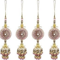 RAADHE CREATION Fancy Golden Hand Made Work Plastic and Fabric Ethnic Lehenga Hanging Tassel Latkan 4 pic (Orange) (Pink)-image-95