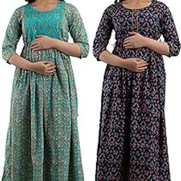 HRK VEMON Women's Pure Cotton Printed Maternity Gown Feeding Nighty A-line Feeding Dress Kurti Gown for Women Pack of 2-27