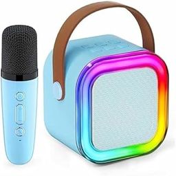 COUK Portable Karaoke Speaker with LED Lights, Wireless Microphone, RGB Light Effects, Wireless Speaker with Wireless Mic for Music Toys Christmas Birthday Gifts for Girls & Boys (Blue)-image-64