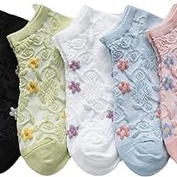 5 Pairs Embroidered Floral Design Socks for Women Girls Combed Cotton Ankle Socks-image-21