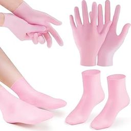 Pink Silicone Moisturizing Socks & Gloves (1 Pair Each) for Intensive Hydration, Roughness Relief & Callus Treatment, Hydrating Skin Care for Dry, Cracked Hands & Feet, Suitable for Most Sizes-93