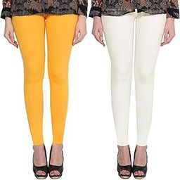 Premium_Cotton Lycra_Ankle Length Leggings_For Women/Girls/Ladies_Combo Pack of 2_(Dark Yellow & Off-White)-image-63