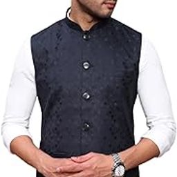SHOWOFF Men's Woven Design Navy Blue Slim Fit Nehru Jacket-AD-J-321_NavyBlue-image-37