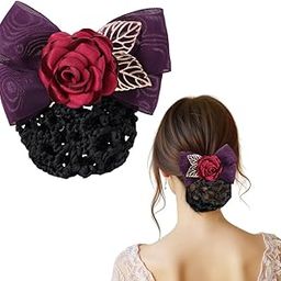 MAYCREATE® Hair Bun Net for Women Floral Barrette Hairnet Hair Bun Snood Rose Bowknot Net with Clip Elegant Holder Headpiece Accessories-image-8